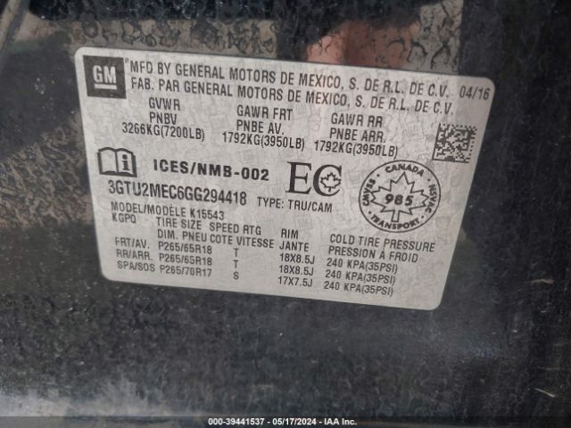 3GTU2MEC6GG294418 GMC Sierra 1500 Sle