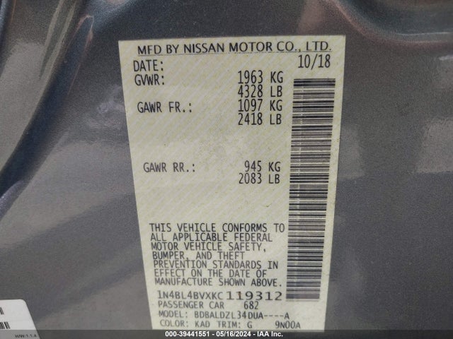 Nissan Altima 2.5 S 2019 1N4BL4BVXKC119312 Image 9