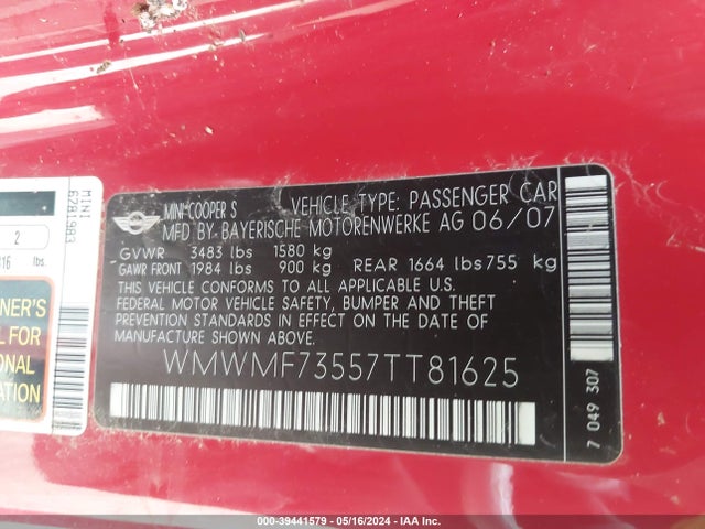 2007 MINI COOPER S WMWMF73557TT81625 Photo 8