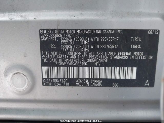 2T3RWRFV6KW038196 Toyota Rav4 Hybrid Xle