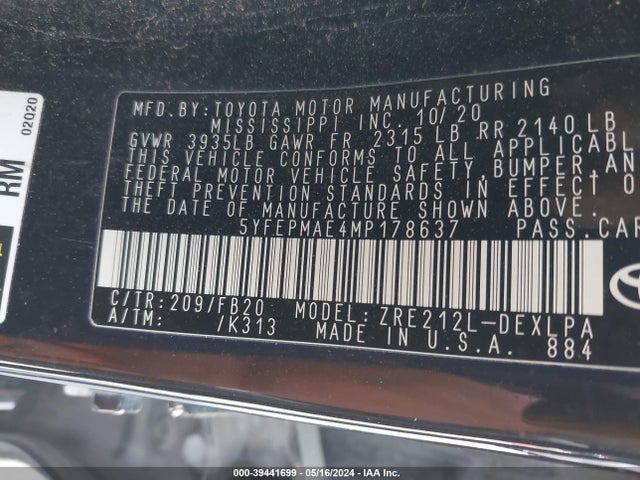 Toyota COROLLA LE 2021 5YFEPMAE4MP178637 Image 9