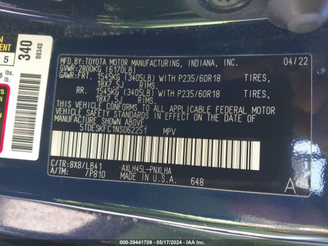 5TDESKFC1NS062251 Toyota Sienna Platinum