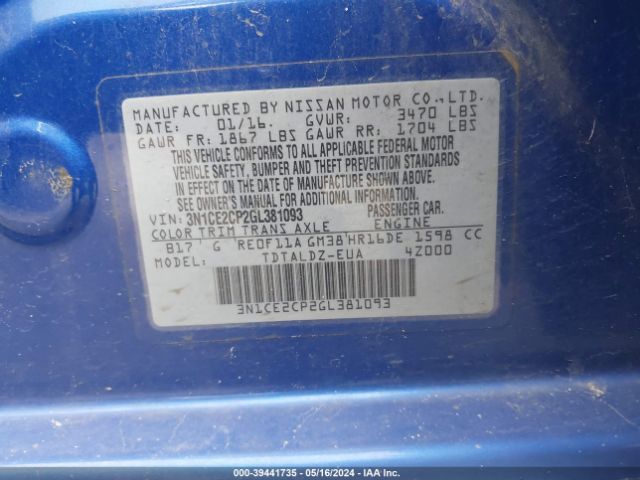 3N1CE2CP2GL381093 Nissan Versa Note Sv