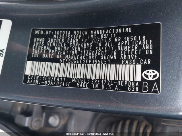 Toyota COROLLA L 2015 5YFBURHE2FP195051 Image 9