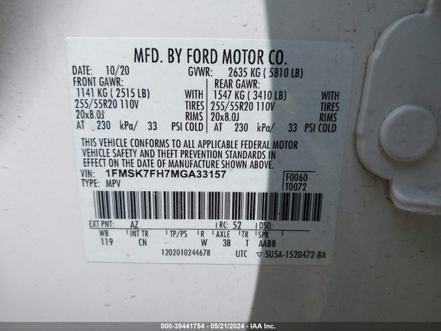 Ford Explorer Limited 2021 1FMSK7FH7MGA33157 Image 9