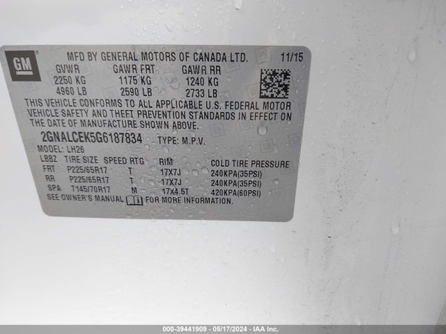 Chevrolet EQUINOX LT 2016 2GNALCEK5G6187834 Image 9