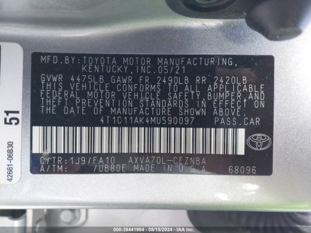 4T1C11AK4MU590097 Toyota CAMRY LE
