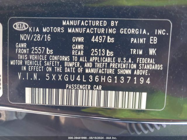 5XXGU4L36HG137194 KIA OPTIMA EX