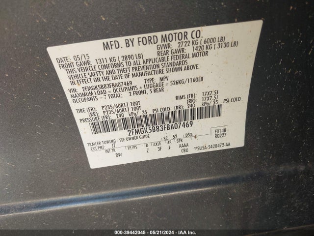 Ford FLEX SE 2015 2FMGK5B83FBA07469 Image 9