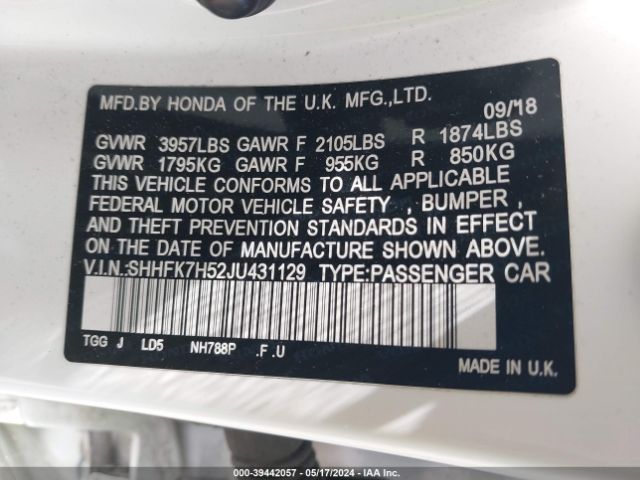 SHHFK7H52JU431129 Honda CIVIC EX