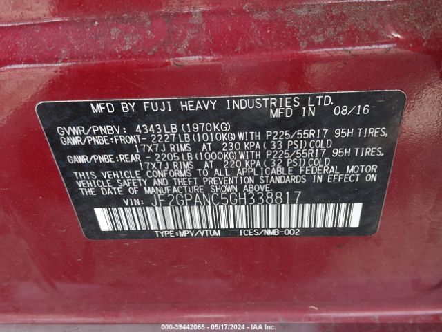 JF2GPANC5GH338817 Subaru Crosstrek 2.0i Limited