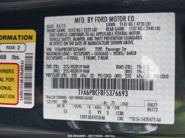1FA6P8CF8F5376693 Ford Mustang Gt Premium