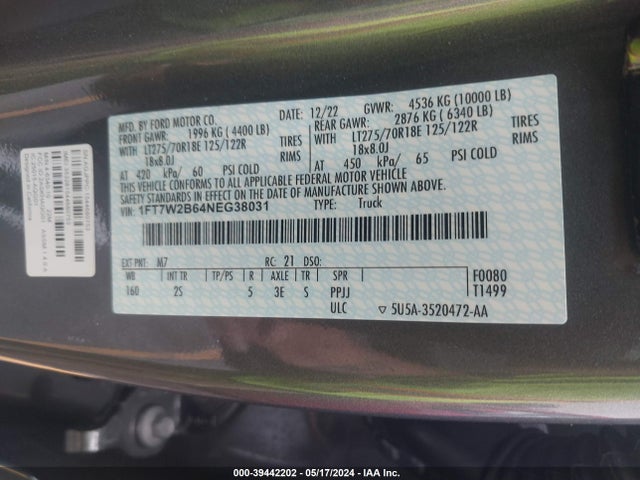 Ford F-250 Xlt 2022 1FT7W2B64NEG38031 Image 9