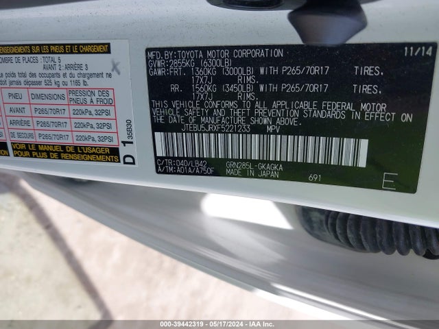 Toyota 4runner Sr5 Premium 2015 JTEBU5JRXF5221233 Image 9