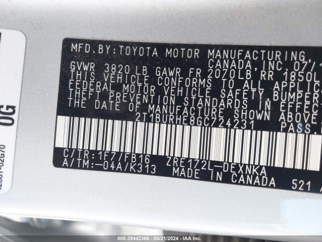 2T1BURHE8GC724231 Toyota Corolla Le Plus