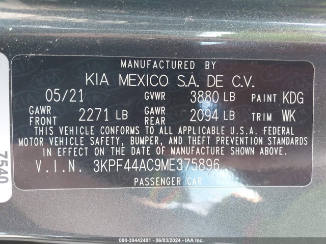 KIA Forte Gt Manual 2021 3KPF44AC9ME375896 Image 9