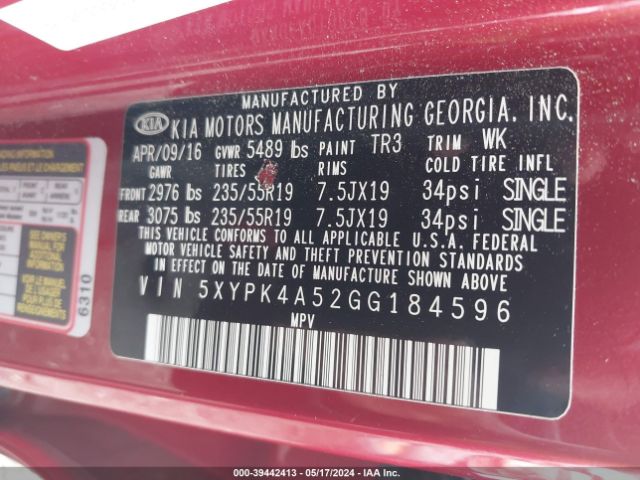 5XYPK4A52GG184596 KIA Sorento 3.3l Sx