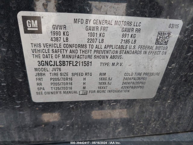 Chevrolet Trax Lt 2015 3GNCJLSB7FL211581 Image 9