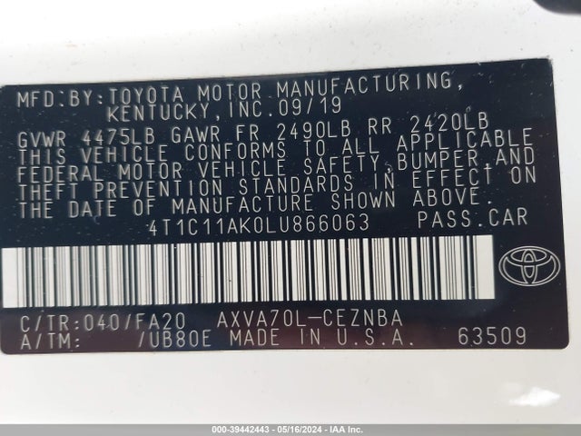 Toyota CAMRY LE 2020 4T1C11AK0LU866063 Image 9