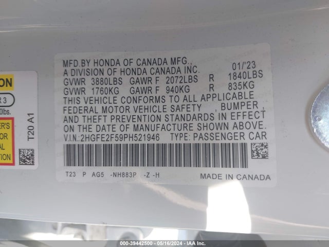 Honda Civic Sport 2023 2HGFE2F59PH521946 Image 9