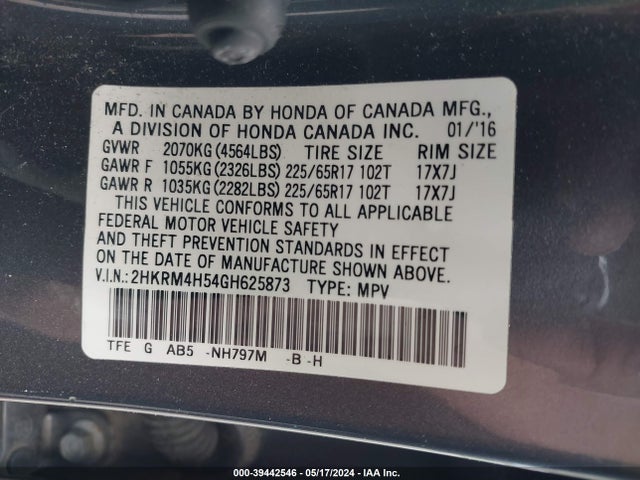 Honda CR-V EX 2016 2HKRM4H54GH625873 Image 9