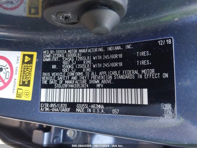 Toyota Highlander Xle 2019 5TDJZRFH4KS953824 Image 9