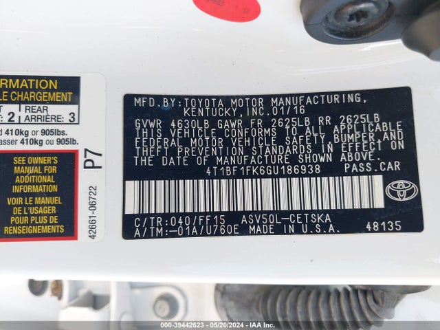 Toyota CAMRY SE 2016 4T1BF1FK6GU186938 Image 9