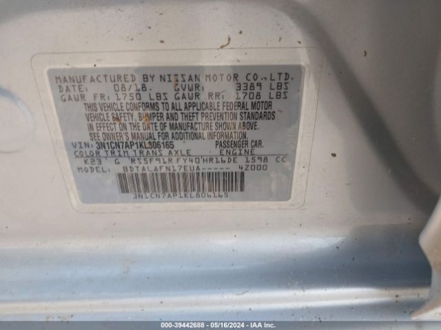 3N1CN7AP1KL806165 Nissan Versa 1.6 S