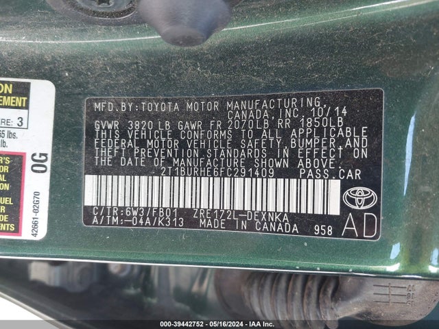 Toyota COROLLA LE 2015 2T1BURHE6FC291409 Image 9