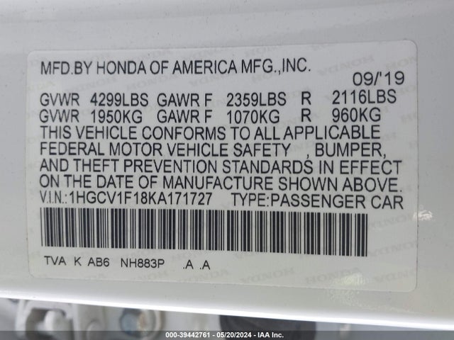 Honda ACCORD LX 2019 1HGCV1F18KA171727 Image 9