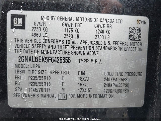 Chevrolet EQUINOX 1LT 2015 2GNALBEK5F6426355 Image 9