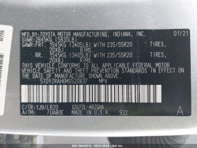 5TDYZRAH6MS520837 Toyota Highlander Limited