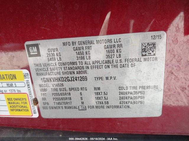 Chevrolet Traverse 2lt 2016 1GNKVHKD2GJ241269 Image 9