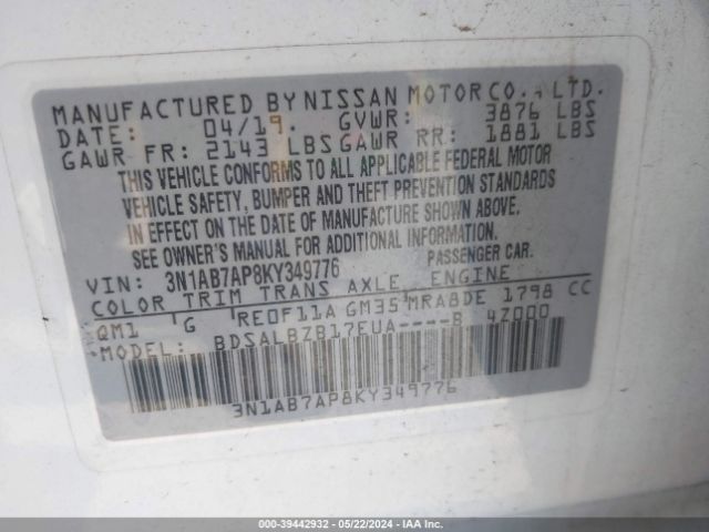 3N1AB7AP8KY349776 Nissan SENTRA S