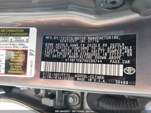 Toyota CAMRY SE 2017 4T1BF1FK7HU290744 Image 9