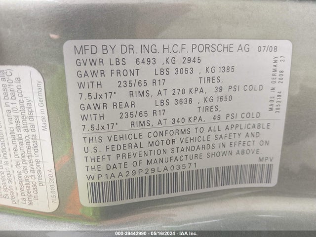 2009 PORSCHE CAYENNE WP1AA29P29LA03571 Photo 8