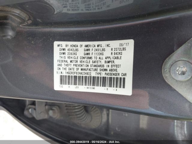 1HGCR3F90HA034800 Honda Accord Touring V6