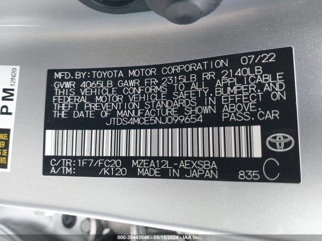 Toyota COROLLA SE 2022 JTDS4MCE5NJ099654 Image 9