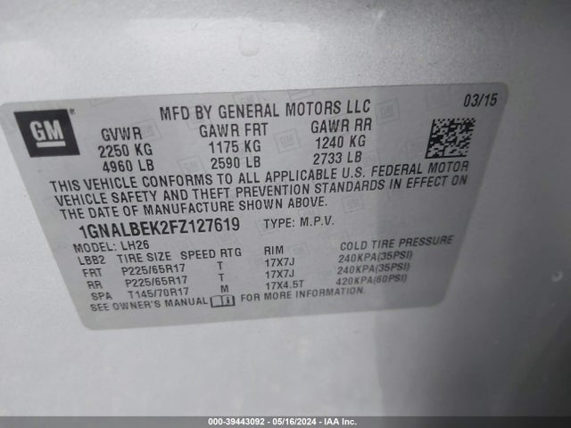 Chevrolet EQUINOX 1LT 2015 1GNALBEK2FZ127619 Image 9