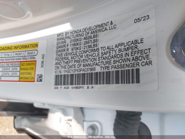 1HGCY2F63PA037868 Honda Accord Hybrid Ex-l
