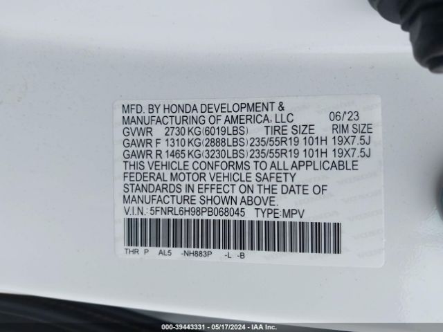 5FNRL6H98PB068045 Honda Odyssey Elite