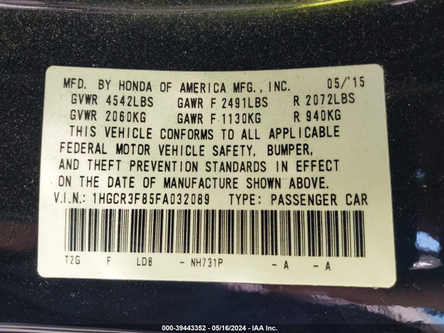 Honda Accord Ex-l V-6 2015 1HGCR3F85FA032089 Image 9