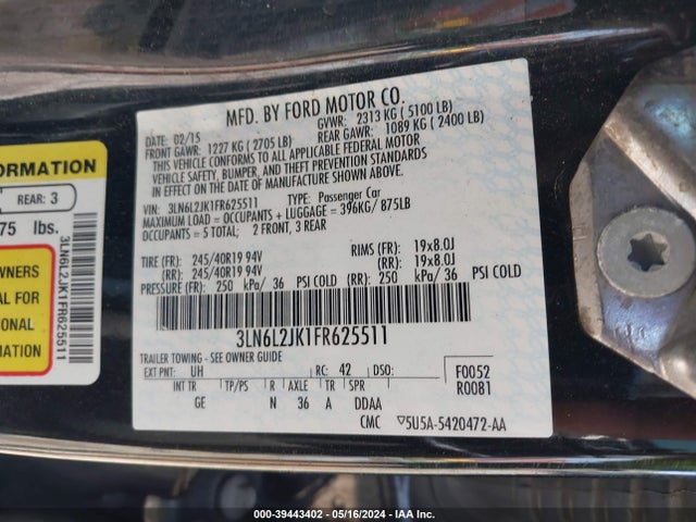 3LN6L2JK1FR625511 Lincoln MKZ