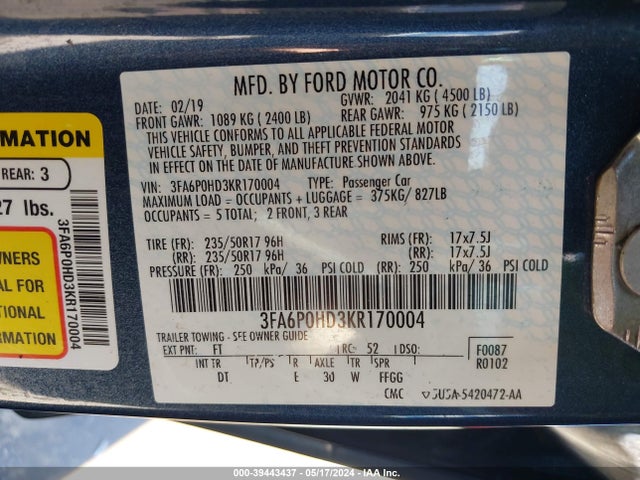 Ford FUSION SE 2019 3FA6P0HD3KR170004 Image 17