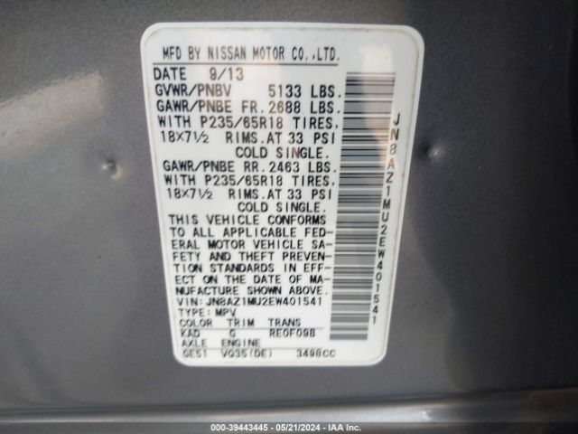 JN8AZ1MU2EW401541 Nissan MURANO SL