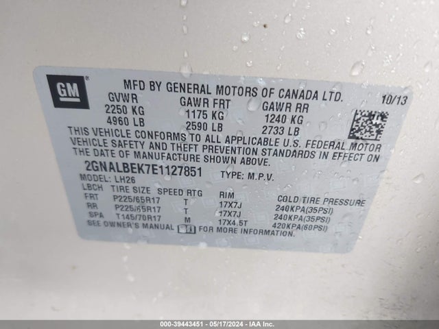 Chevrolet EQUINOX 1LT 2014 2GNALBEK7E1127851 Image 9