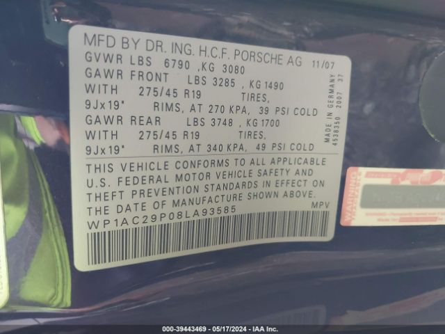 2008 PORSCHE CAYENNE WP1AC29P08LA93585 Photo 8