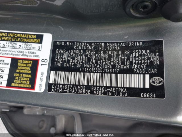 4T1BK1EBXEU136117 Toyota AVALON LIMITED