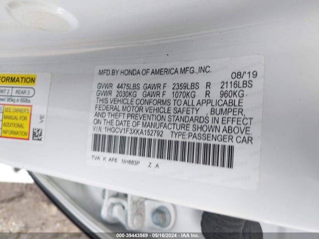 1HGCV1F3XKA152792 Honda Accord Sport