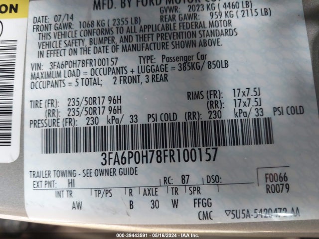 Ford FUSION SE 2015 3FA6P0H78FR100157 Image 9